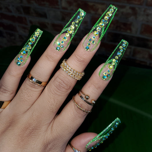 Swarovski "Clear NEON GREEN" 2XL Coffin Shape Press Ons (24 pcs) +FREE "Prep Kit"