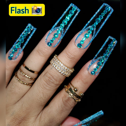 "FLASHY BLUE" 2XL Square Shape Press ons (24 pcs) +FREE "Prep Kit"